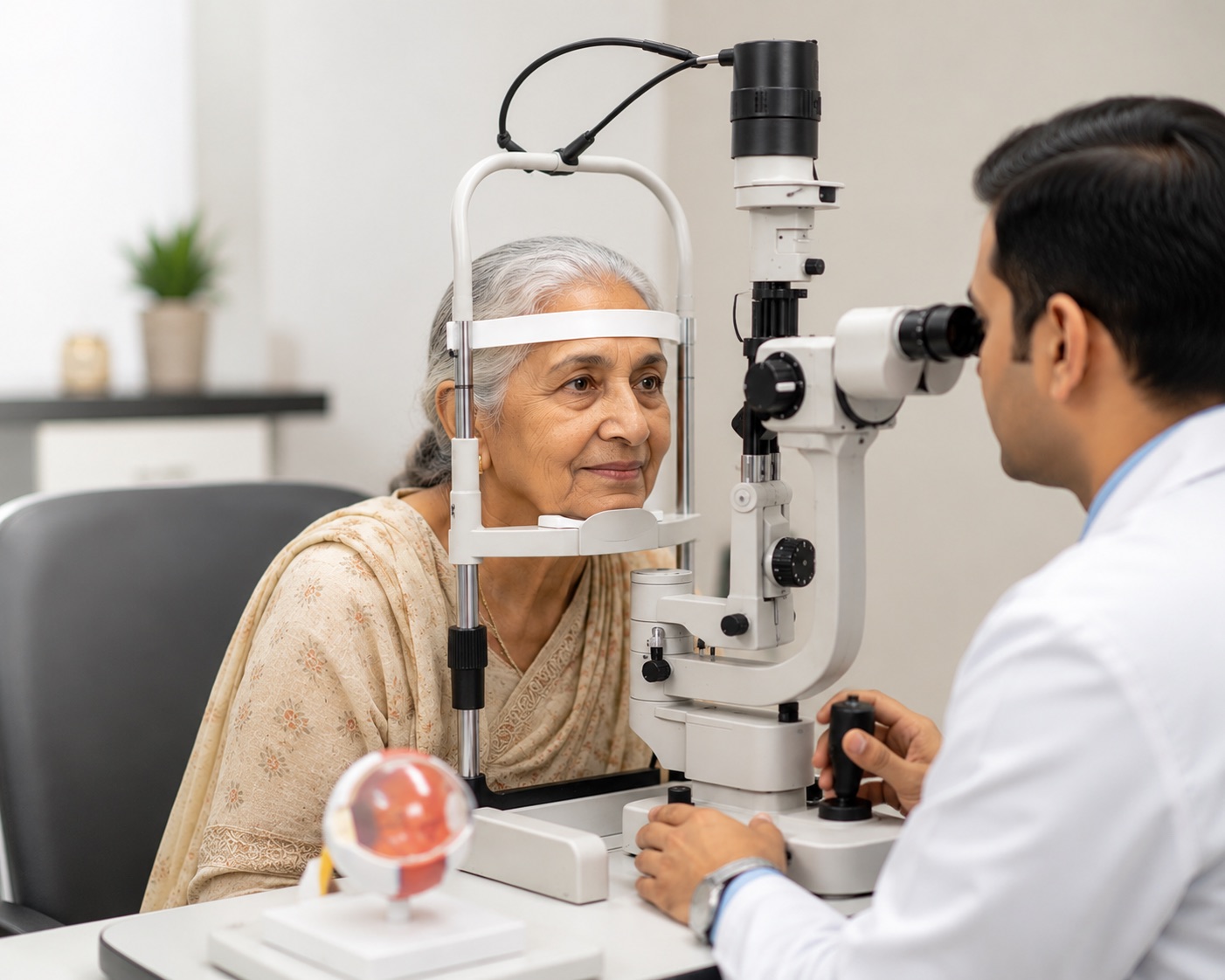 Ophthalmologist examining a senior patient's eyes using a slit lamp for cataract evaluation