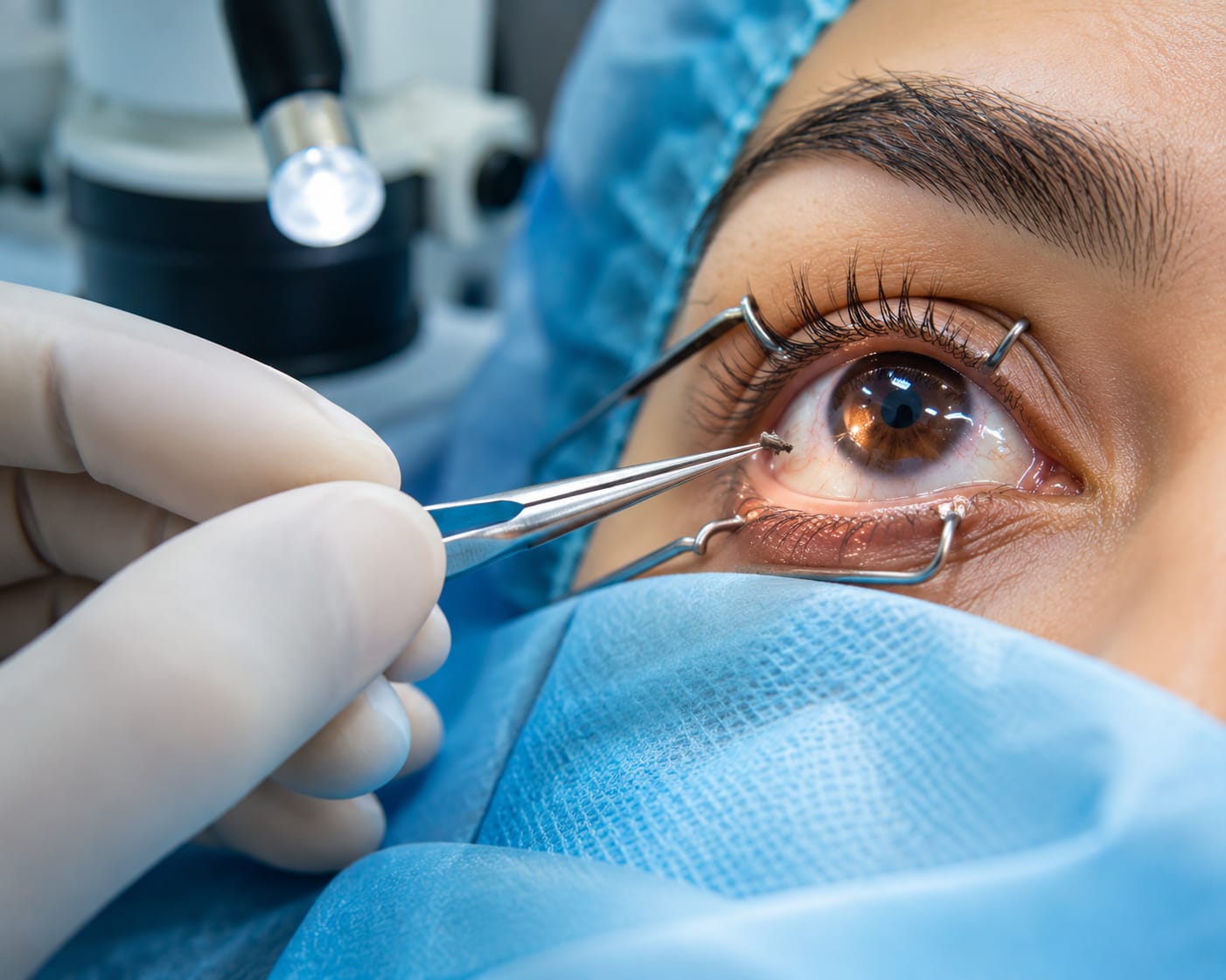 Clinician removing a foreign particle from a patient's eye using forceps under magnification