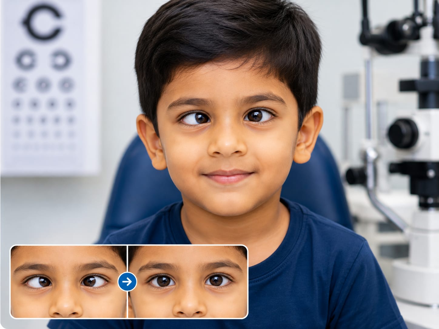 Child having an eye alignment assessment, with a before-and-after comparison of squint correction