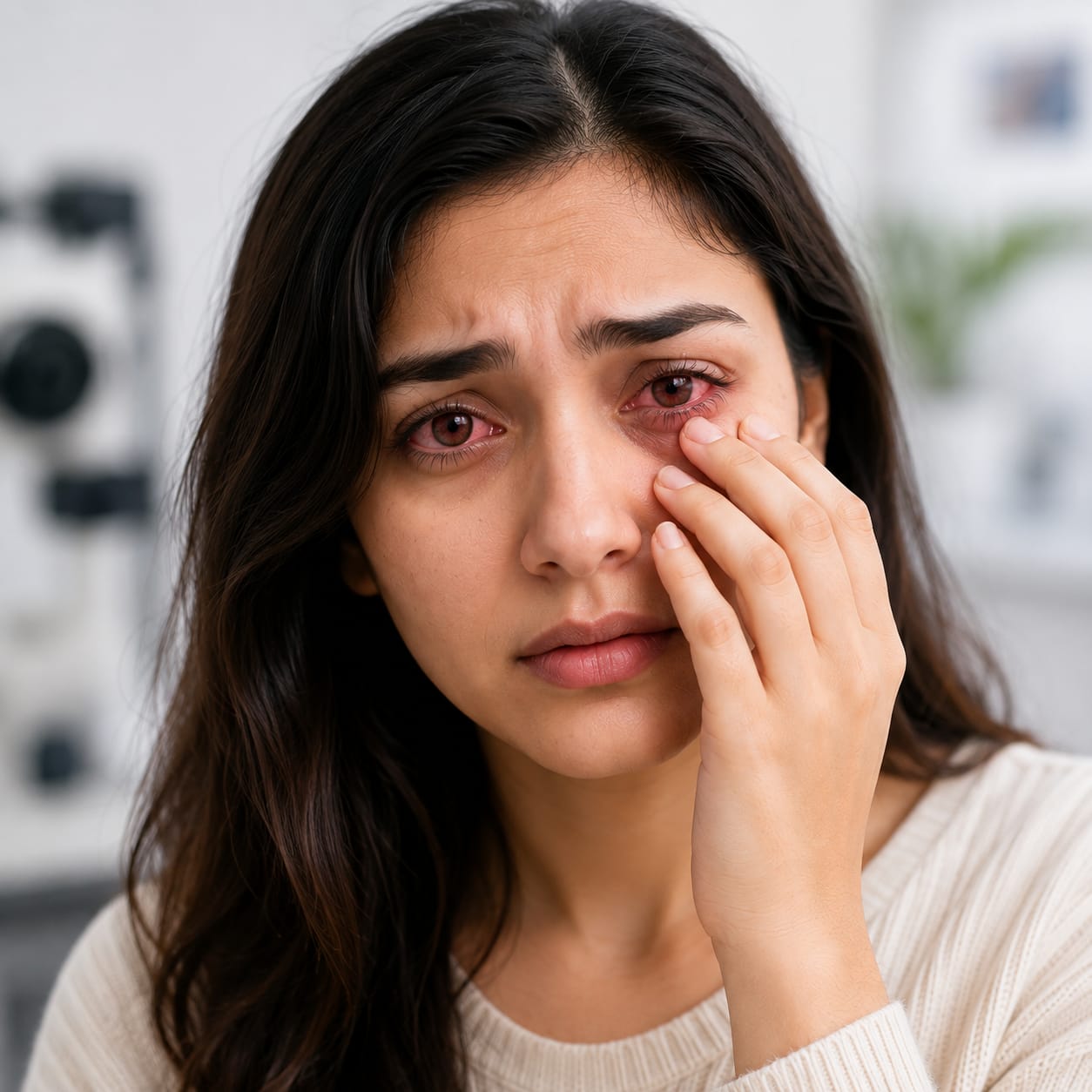 Woman with a red, irritated eye pulling down her lower eyelid in a clinical setting