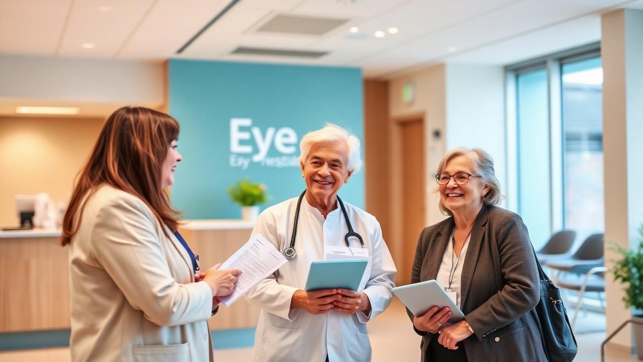 Patients speaking with staff at an eye hospital reception