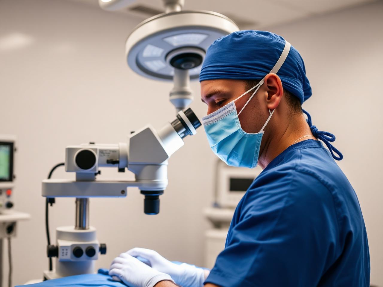 Eye surgeon operating under a surgical microscope