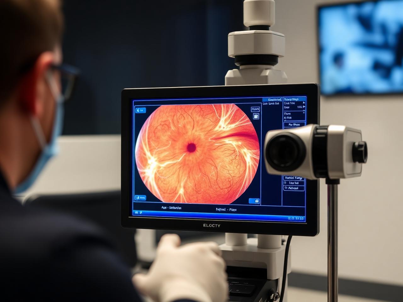Retinal imaging being reviewed on a clinical screen