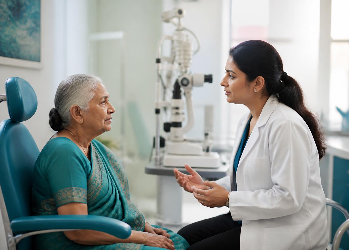 Eye doctor in a compassionate conversation with a senior patient